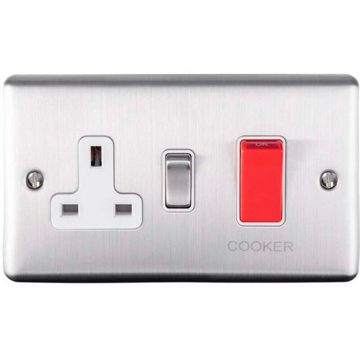 2 PACK 45A DP Oven Switch & Single 13A Switched Power Socket SATIN STEEL & White Loops