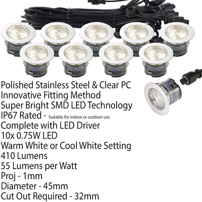 IP67 Decking Plinth Light Kit 10x 45mm Colour Changing White Lamps Outdoor Rated Loops