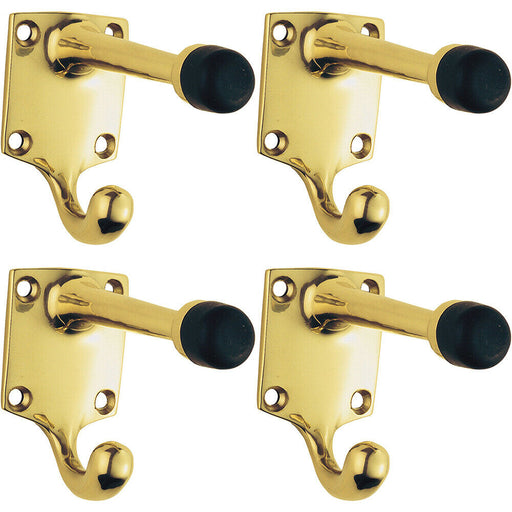 4x One Piece Hat & Coat Hook with Rubber Buffer 88mm Projection Polished Brass Loops