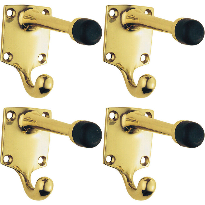 4x One Piece Hat & Coat Hook with Rubber Buffer 88mm Projection Polished Brass Loops