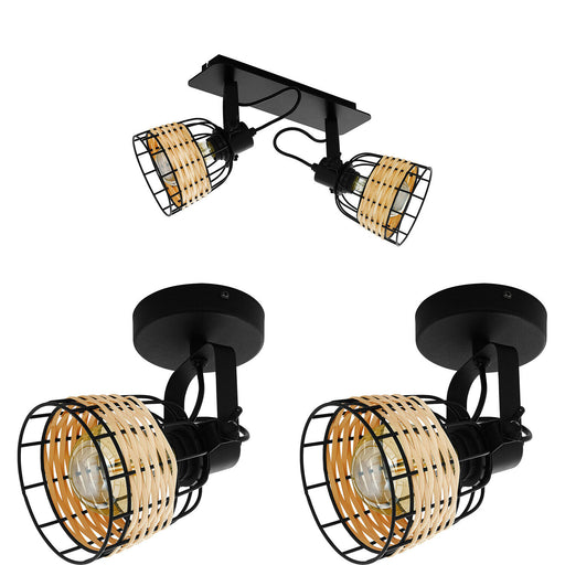 Twin Ceiling Spot Light & 2x Matching Wall Lights Black Wicker Shade Moving Head Loops