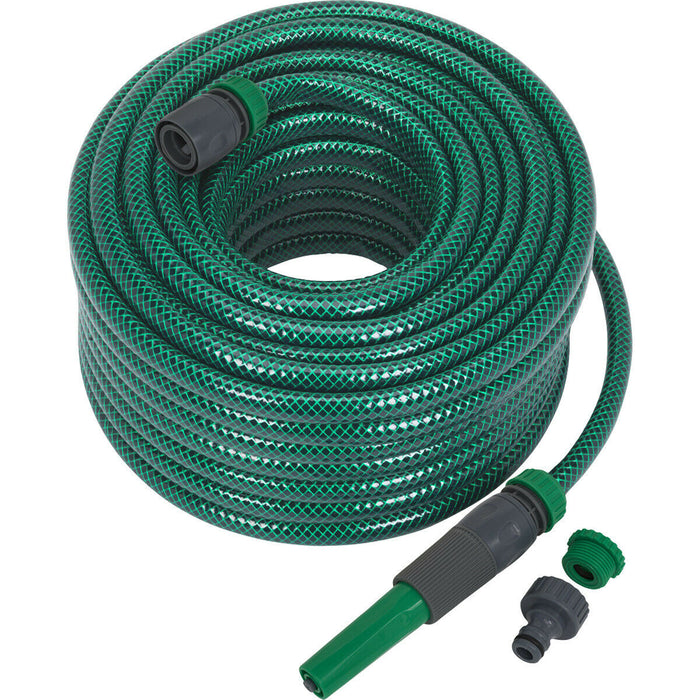 30m Green PVC Water Hose - Spray Jet Nozzle - Female Waterstop Tap Connectors Loops