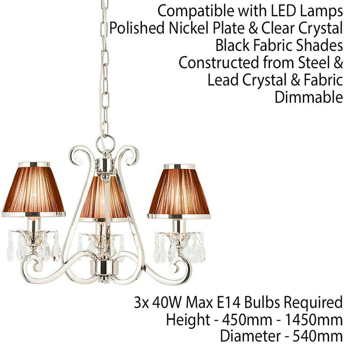 Esher Ceiling Pendant Chandelier Nickel Crystal & Black Shades 3 Lamp Light Loops