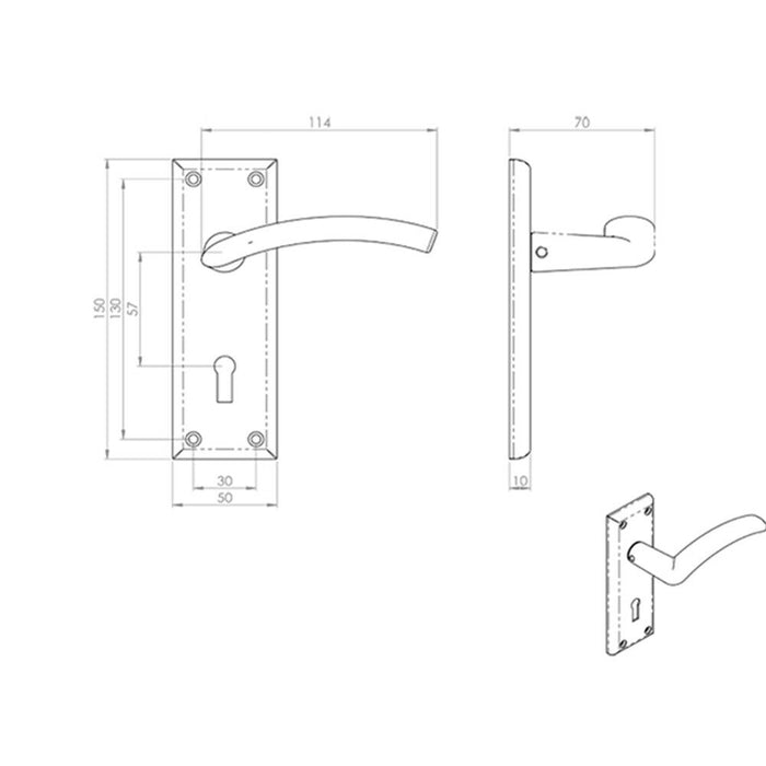 PAIR Arched Lever on Lock Backplate Door Handle 150 x 50mm Satin Nickel Loops