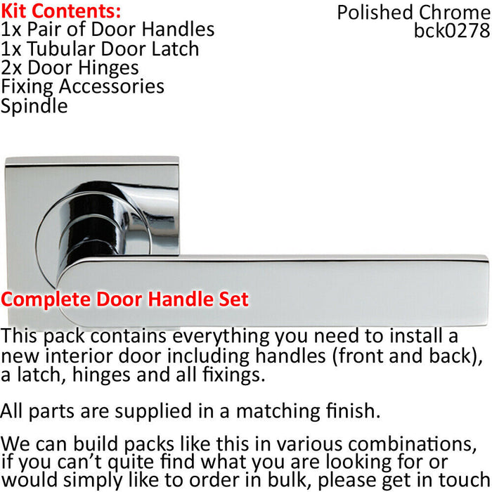 Door Handle & Latch Pack Chrome Modern Flat Sleek Bar on Screwless Square Rose Loops