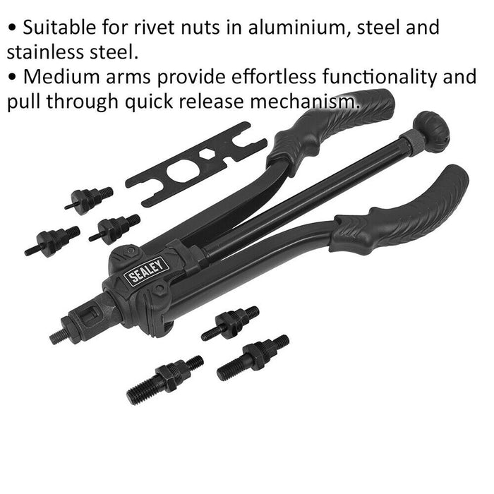 Quick Release 345mm Arm Threaded Nut Riveter - Adjustable Nozzle Rivet Gun Tool Loops