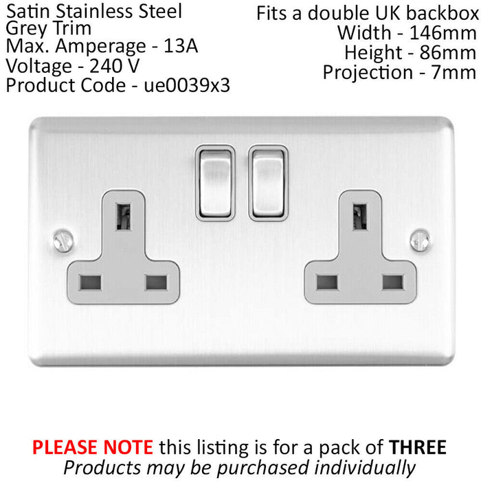 3 PACK 2 Gang Double UK Plug Socket SATIN STEEL & Grey 13A Switched Outlet Loops