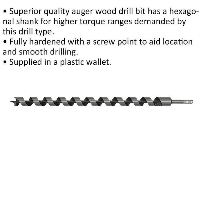 28 x 600mm Hardened Auger Wood Drill Bit - Hexagonal Shank - Woodwork Timber Loops