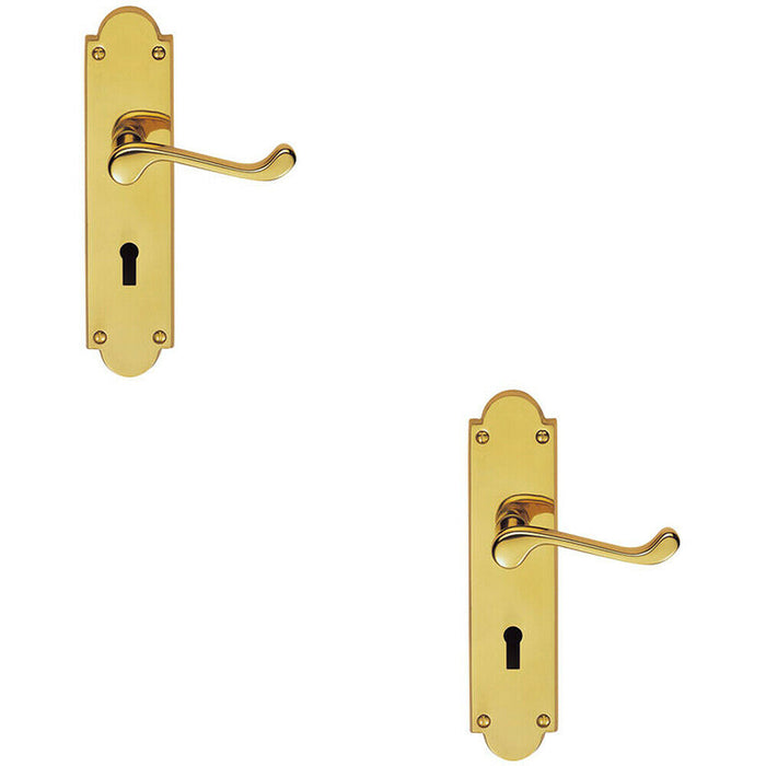 2x PAIR Victorian Scroll Handle on Lock Backplate 205 x 49mm Polished Brass Loops