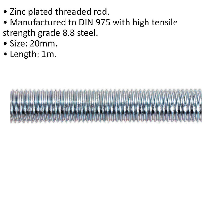 2 PACK Threaded Studding Rod - M20 x 1mm - Grade 8.8 Zinc Plated - DIN 975 Loops