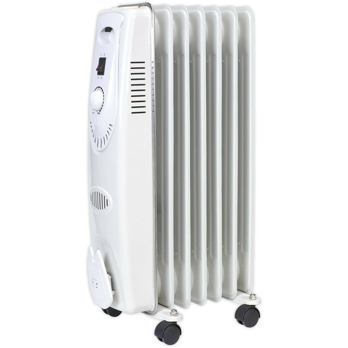 1500W 7 Element Oil-Filled Radiator - Thermostat Control - Castor Wheels - 230V Loops