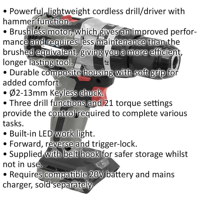 20V Brushless Hammer Drill Driver - 13mm Keyless Chuck - LED Light - Body Only Loops
