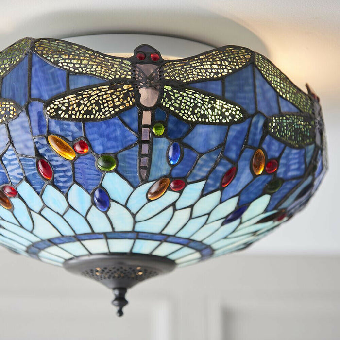 Tiffany Glass Semi Flush Ceiling Light Blue Dragonfly Inverted Shade i00044 Loops