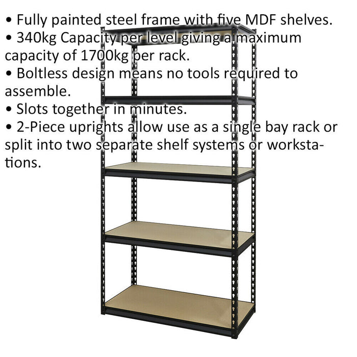 Warehouse Racking Unit with 5 MDF Shelves - 340kg Per Shelf - Steel Frame Loops