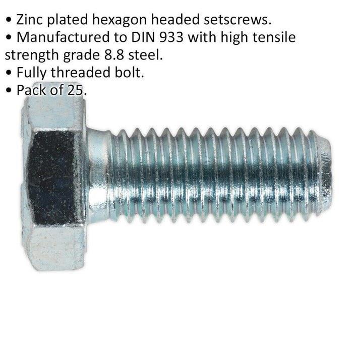 25 PACK HT Setscrew - M10 x 25mm - Grade 8.8 Zinc - Fully Threaded - DIN 933 Loops