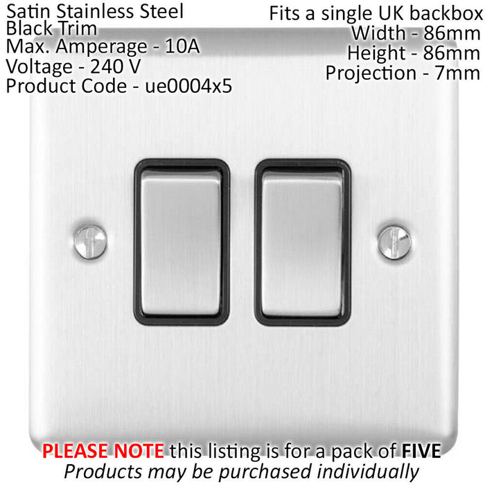 5 PACK 2 Gang Double Metal Light Switch SATIN STEEL 2 Way 10A Black Trim Loops