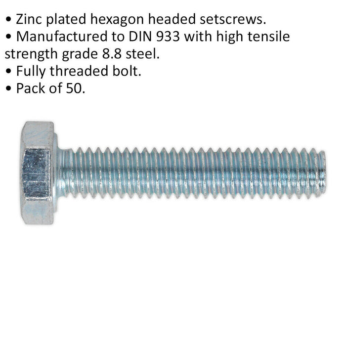 50 PACK HT Setscrew - M4 x 20mm - Grade 8.8 Zinc - Fully Threaded - DIN 933 Loops