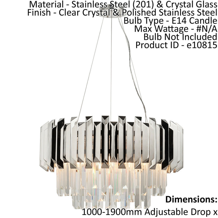 Ceiling Pendant Light Clear Crystal & Polished Stainless Steel 6 x 40W E14 Loops