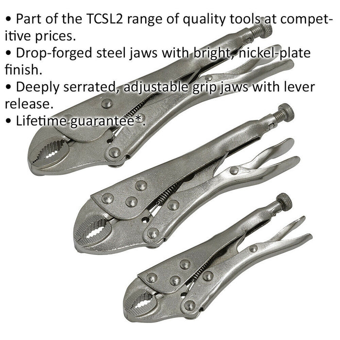 3 Piece Curved Locking Pliers Set - 125mm 175mm & 215mm - Drop Forged Steel Jaws Loops