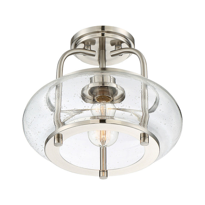 Semi Flush 1 Light Clear Seeded Glass Shade Brushed Nickel LED E27 60W Loops