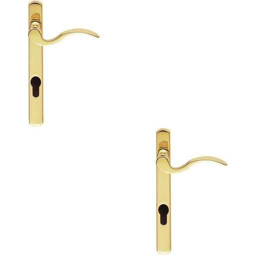 2x Scroll Lever Door Handle on Lock Backplate Polished Brass 208mm X 25mm Loops