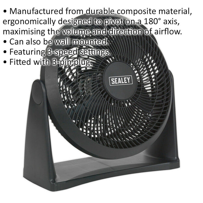 12 Inch Composite Desk or Floor Standing Fan - 3 Speed Settings - 3-Pin UK Plug Loops