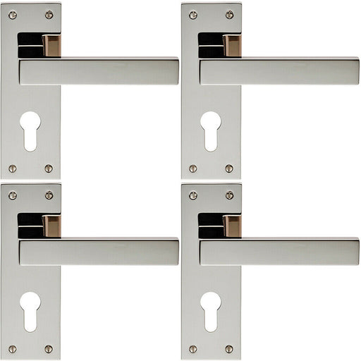 4x PAIR Straight Square Lever on Euro Lock Backplate 150 x 50mm Polished Nickel Loops