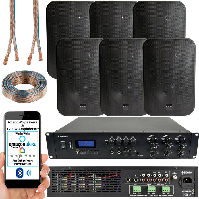 1200W Bluetooth Sound System 6x 200W Black Wall Speaker 6 Zone Matrix Amplifier