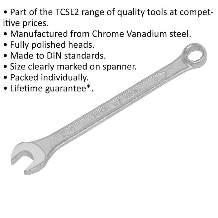 8mm Combination Spanner - Fully Polished Heads - Chrome Vanadium Steel Loops