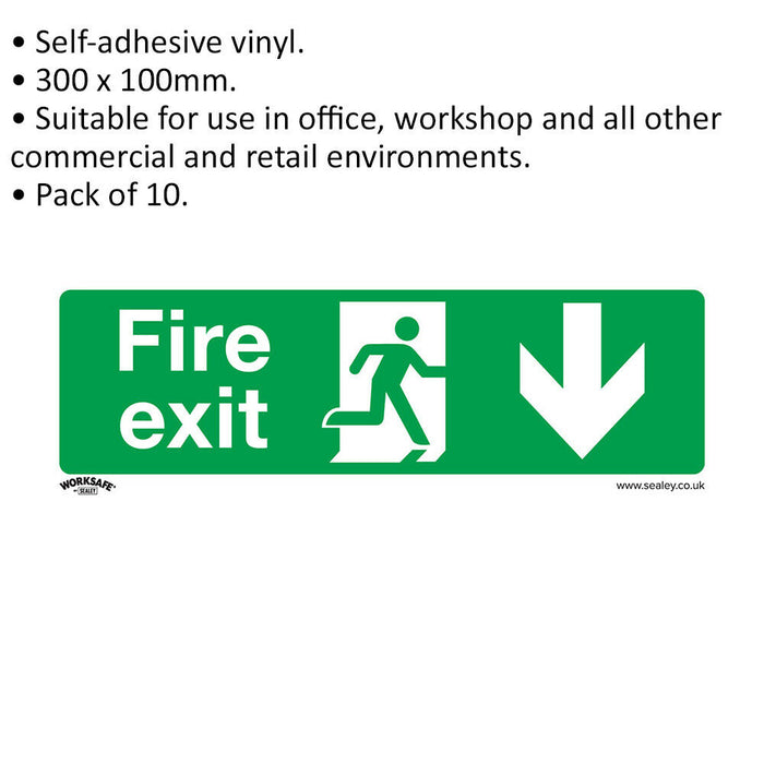 10x FIRE EXIT (DOWN) Health & Safety Sign Self Adhesive 300 x 100mm Sticker Loops