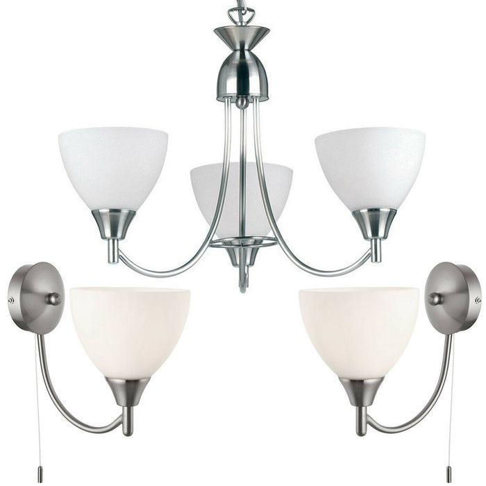 3 Lamp Ceiling & 2x Wall Light Pack Satin Chrome Glass Matching Indoor Fittings Loops