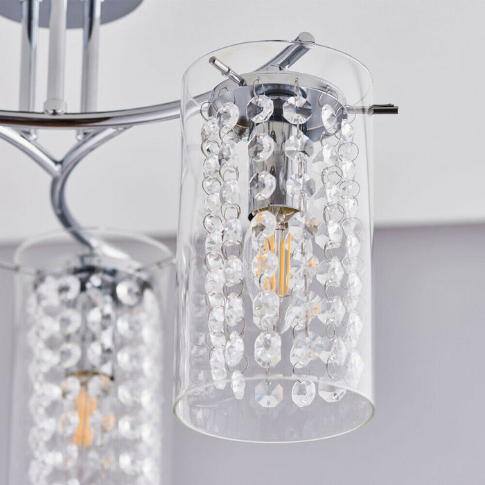 Semi Flush Ceiling Light Chrome Glass Drops 3 Bulb Hanging Pendant Lamp Shade Loops