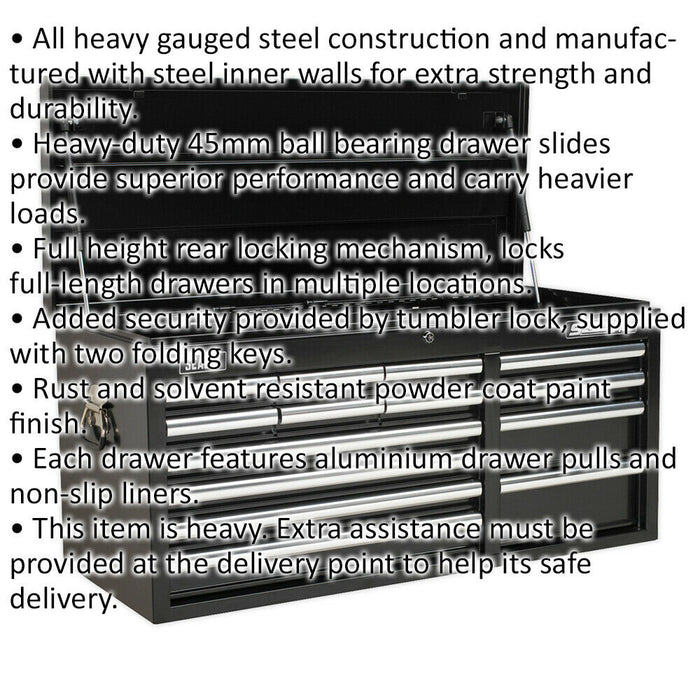 1025 x 435 x 490mm BLACK 14 Drawer Topchest Tool Chest Lockable Storage Cabinet Loops
