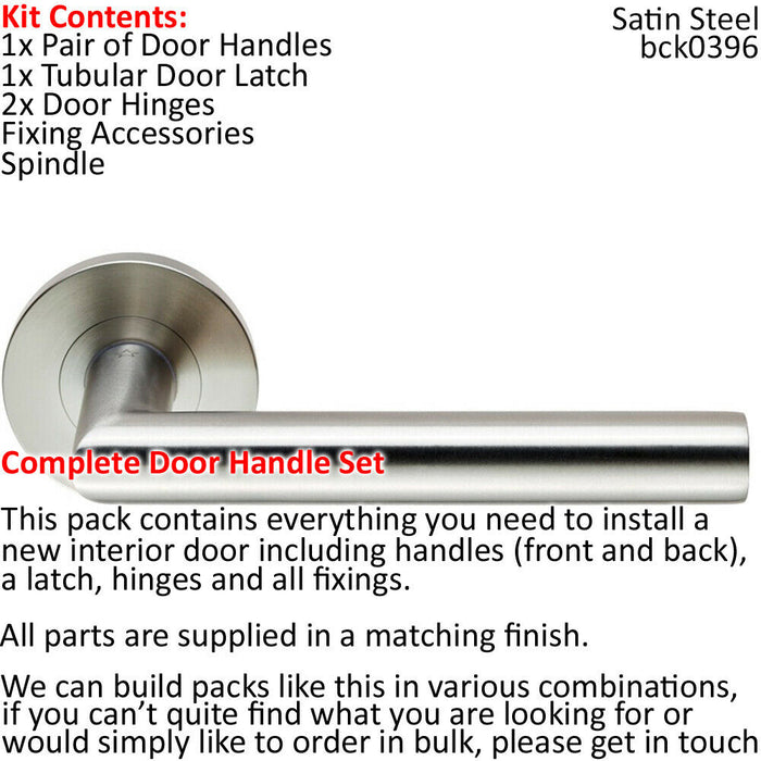Door Handle & Latch Pack Satin Steel Mitred Straight Bar Screwless Round Rose Loops