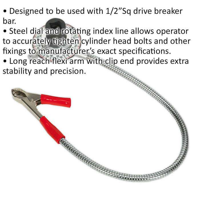 Clip-On Angular Torque Gauge - 1/2" Sq Drive - Long Reach Flexi Arm - Steel Dial Loops