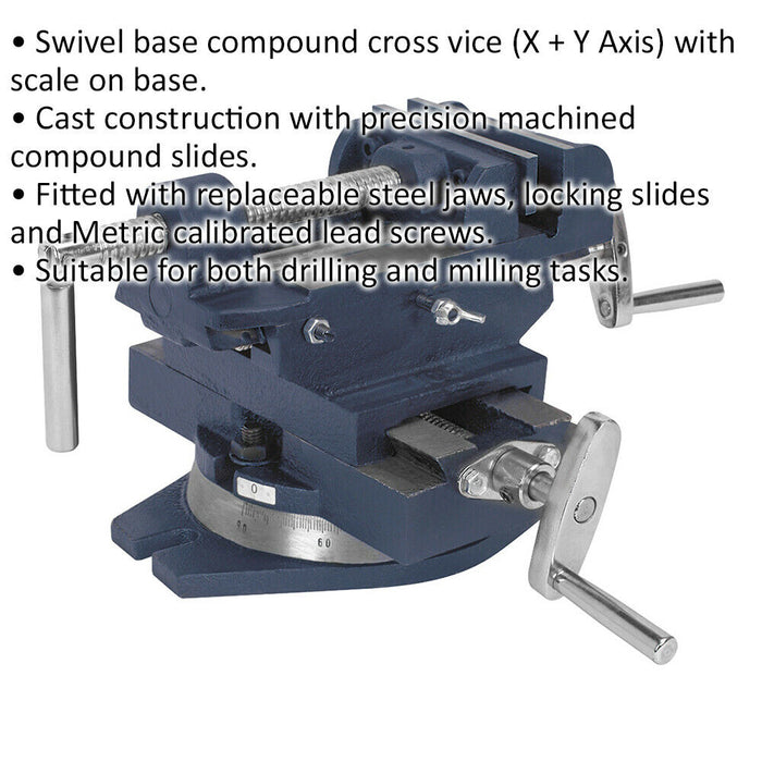 Compound Cross Vice - 100mm Steel Jaws - Swivel Base - Drilling & Milling Vice Loops