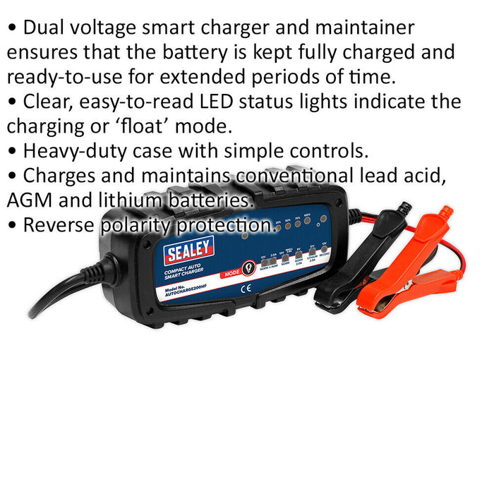 2A Compact Auto Smart Charger - Dual Voltage - 6 / 12 Volt - Quick Connect Plug Loops