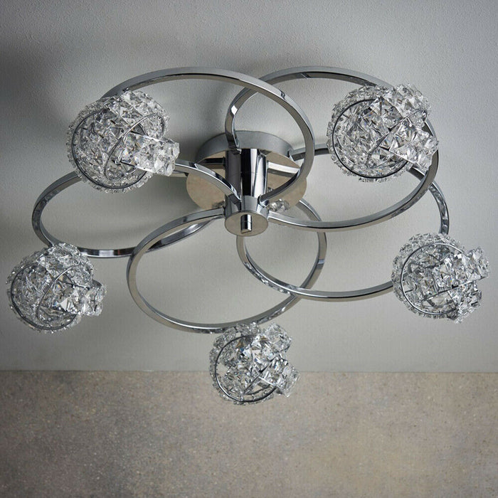 Semi Flush Ceiling Light Chrome & Crystal Knott 5 Lamp Hanging Feature Pendant Loops