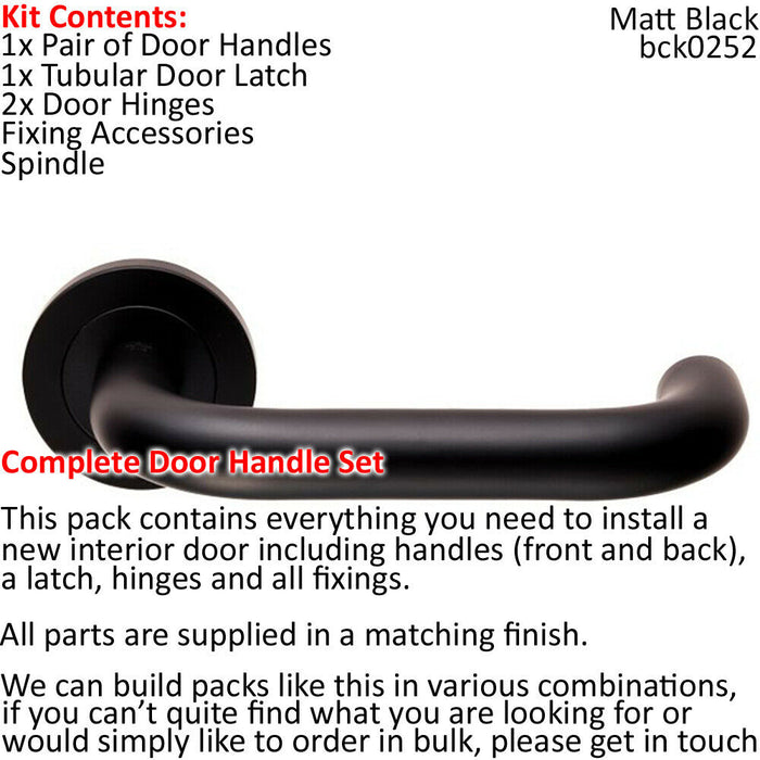 Door Handle & Latch Pack Matt Black Curved Safety Lever Screwless Round Rose Loops
