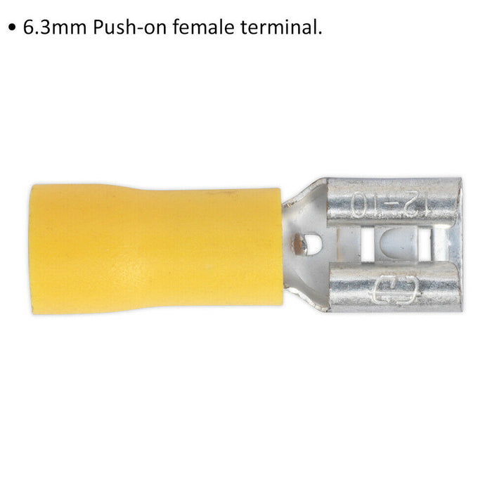 100 PACK 6.3mm Push-On Female Terminal - Suits 12 to 10 AWG Cable - Yellow Loops