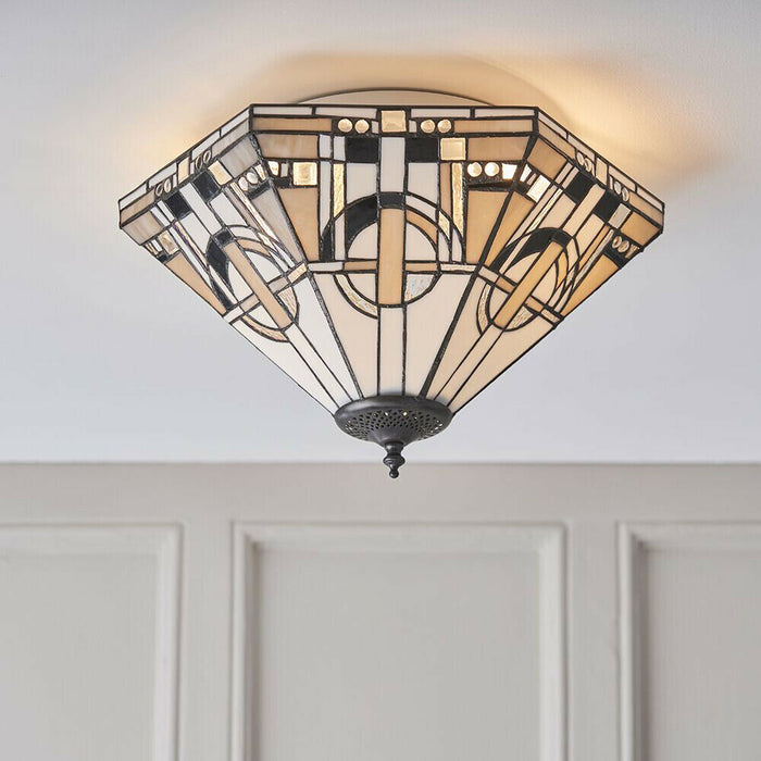 Tiffany Glass Semi Flush Ceiling Light Art Deco Cream Hex Inverted Shade i00055 Loops