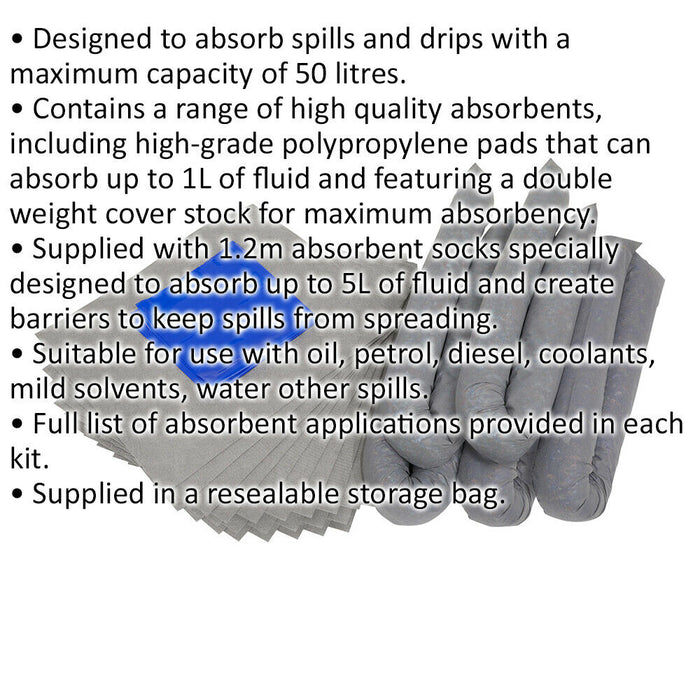 50L Spill Control Kit - 25x Fluid Spillage Pads & 5x Absorbent Sock - Oil Fuel Loops