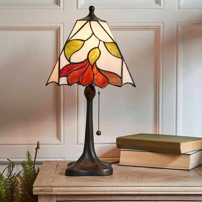 Tiffany Glass Table Lamp Light Dark Bronze & White / Red Floral Shade i00176 Loops