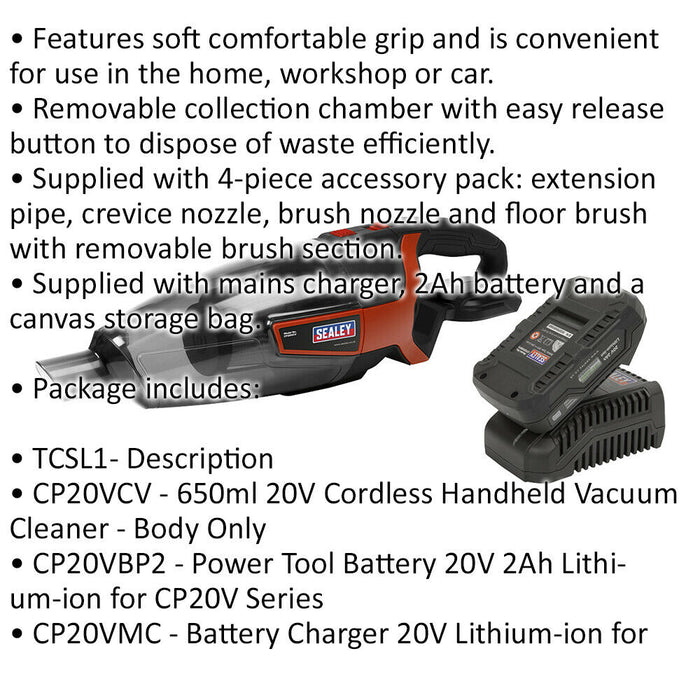 20V Cordless Handheld Vacuum Cleaner Kit - 650ml Drum - Battery & Charger - Bag Loops