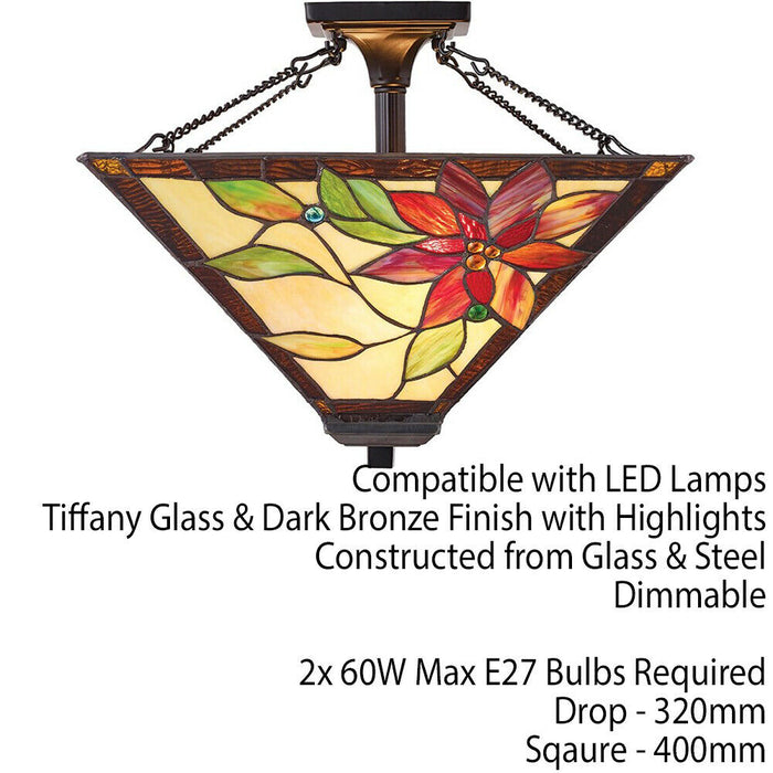 Tiffany Glass Semi Flush Ceiling Light Bronze Floral Inverted Lamp Shade i00160 Loops