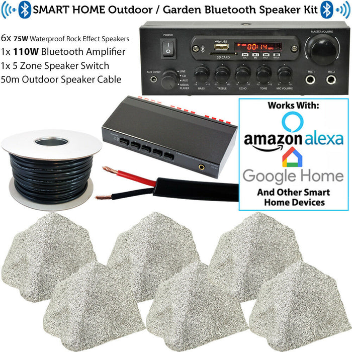 3 Zone Outdoor Bluetooth Kit 6x Garden Rock Speaker Stereo HiFi Music Amplifier