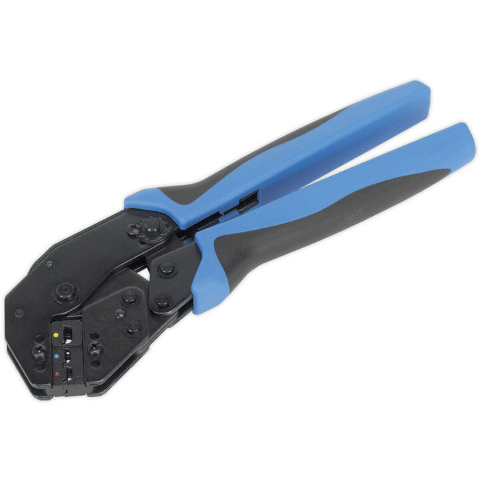 Angled Head Ratchet Crimping Tool - Insulated Terminals - Comfort Grip Handles Loops