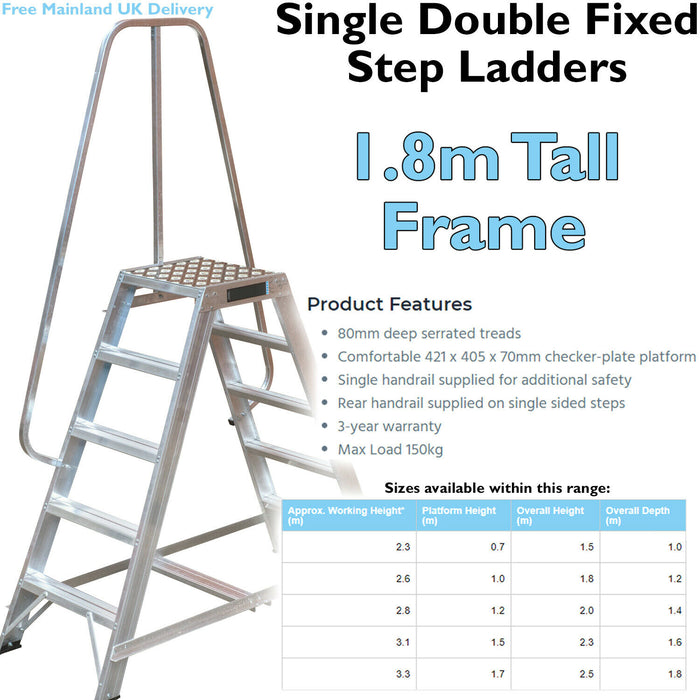 1m Heavy Duty Double Sided Fixed Step Ladders Safety Handrail & Wide Platform Loops