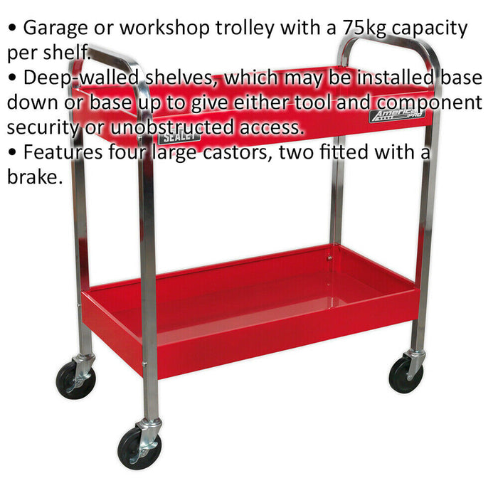 Heavy Duty 2 Level Workshop Trolley - 75kg Per Shelf - Four Castor Wheels Loops