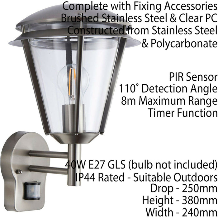 IP44 Outdoor Wall Lamp Brushed Steel Modern PIR Lantern Porch Curved Move Light Loops